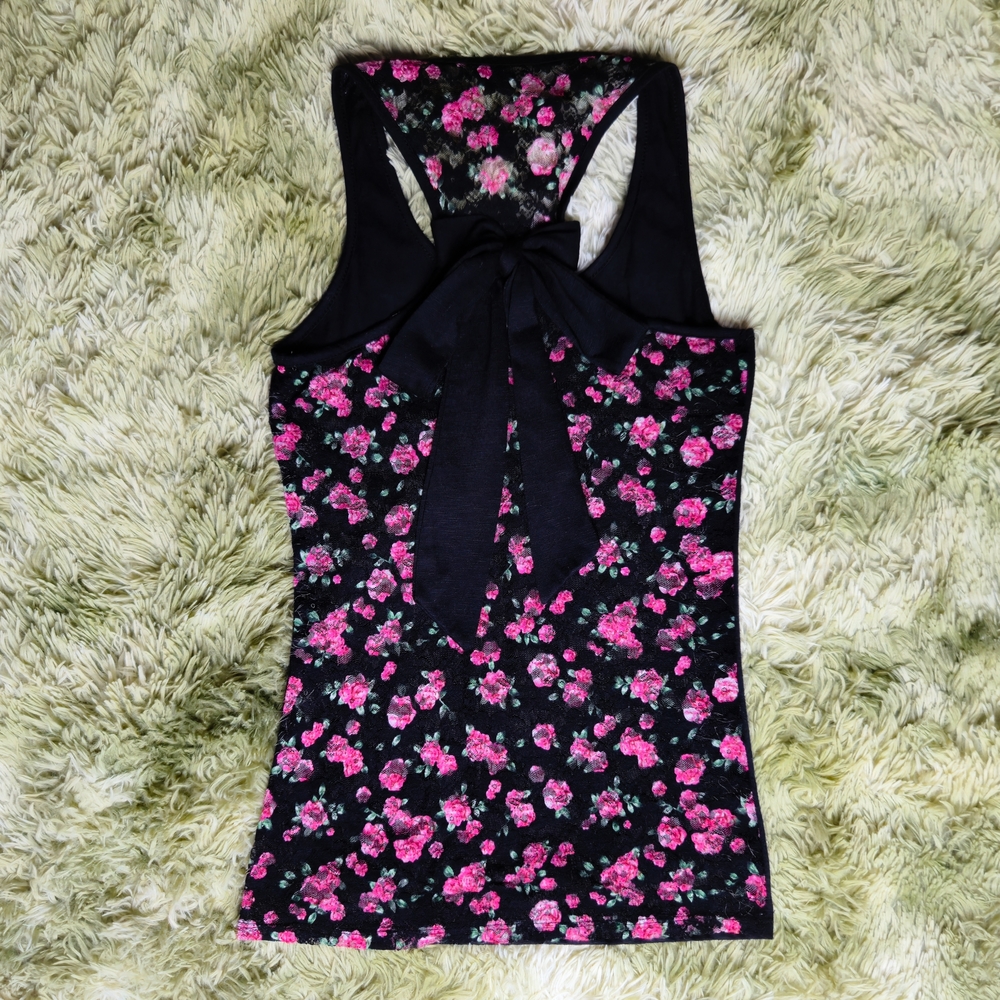black / pink floral tank top with lace back and bow detail